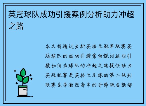 英冠球队成功引援案例分析助力冲超之路