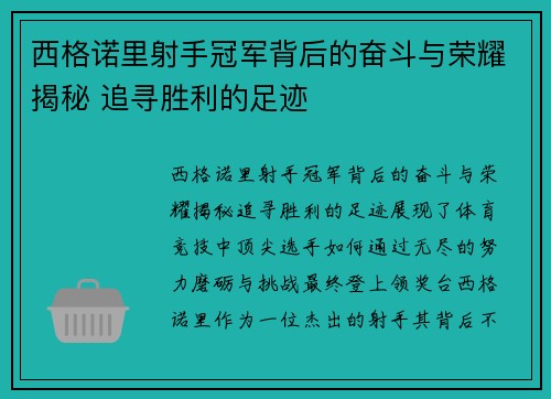 西格诺里射手冠军背后的奋斗与荣耀揭秘 追寻胜利的足迹