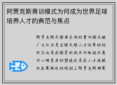 阿贾克斯青训模式为何成为世界足球培养人才的典范与焦点