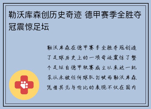 勒沃库森创历史奇迹 德甲赛季全胜夺冠震惊足坛 勒沃库森创历史奇迹 德甲赛季全胜夺冠震惊足坛